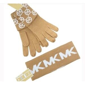 Michael Kors MK Headband and Gloves Gift Set Logo Camel & Cream Reversible NEW